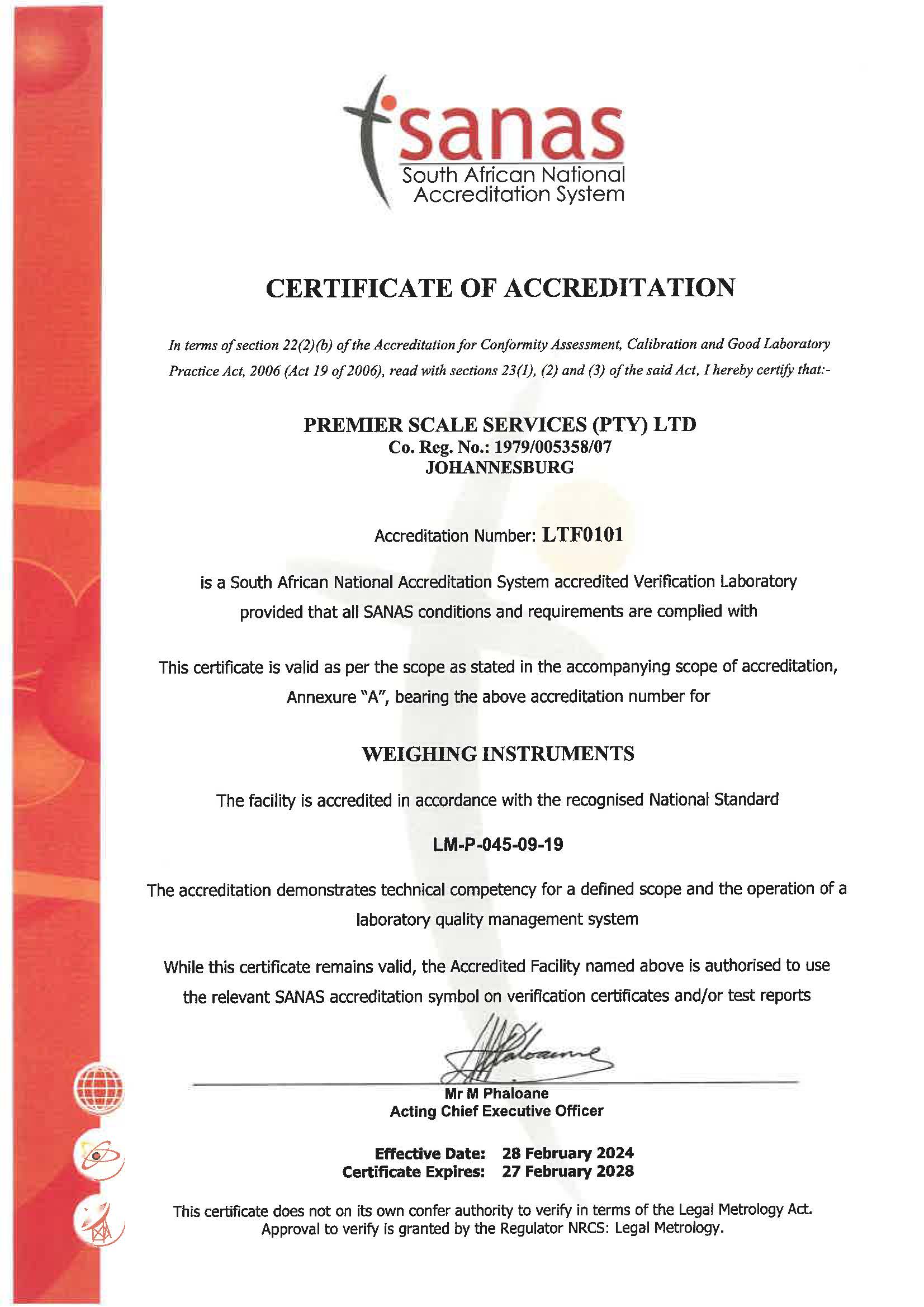 SANAS verification certificate